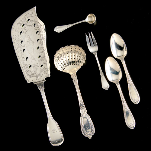 Appraisal: Six American silver flatware pieces John Polhamus Armor pattern sugar