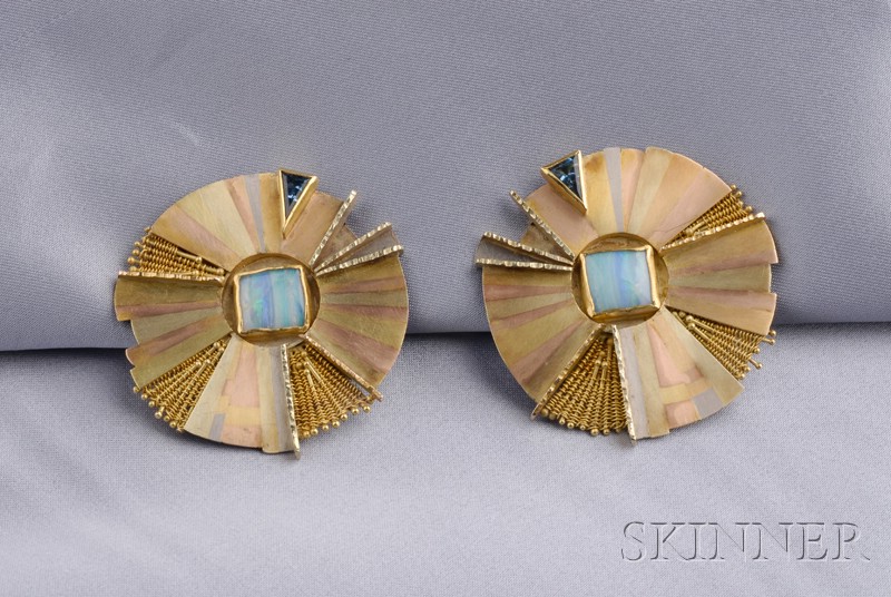 Appraisal: Mixed Metal Gem-set Earclips Vicki Eisenfeld c of and kt