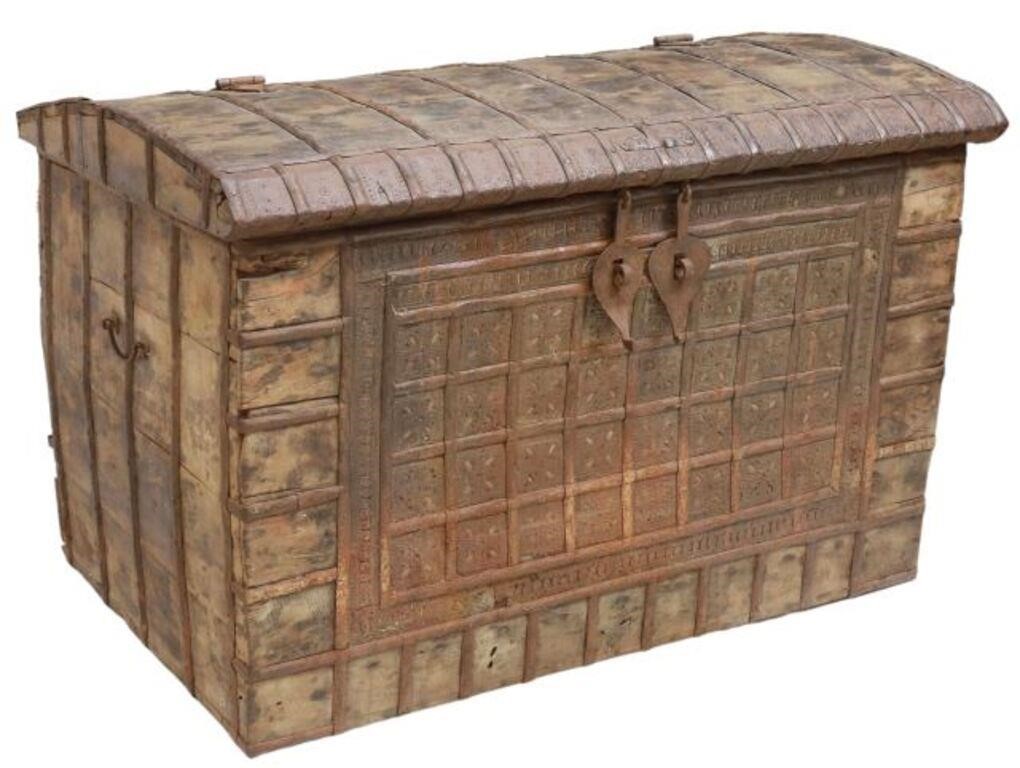 Appraisal: Iron-bound hardwood dowry chest India th c domed top forged