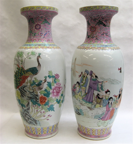 Appraisal: TWO CHINESE POTTERY FLOOR VASES in complementary colorful decorations on