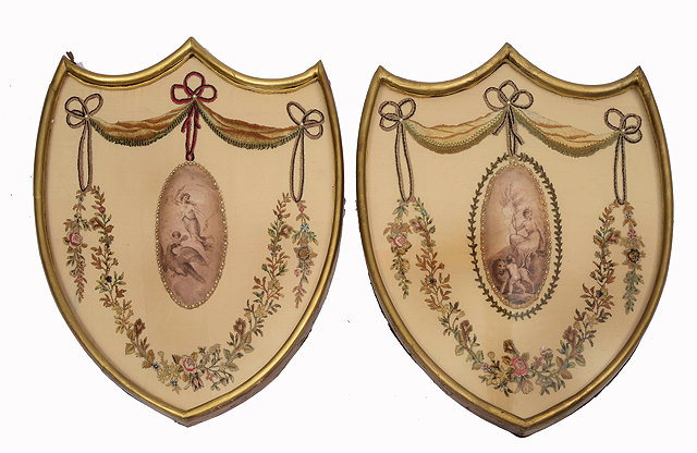 Appraisal: A PAIR OF TH CENTURY REGENCY SILK EMBROIDERED SHIELD SHAPE