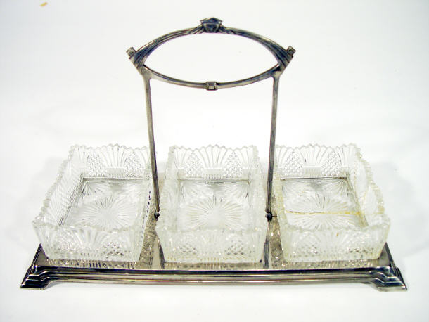 Appraisal: Art Deco silver plated three divisional condiment set with cut