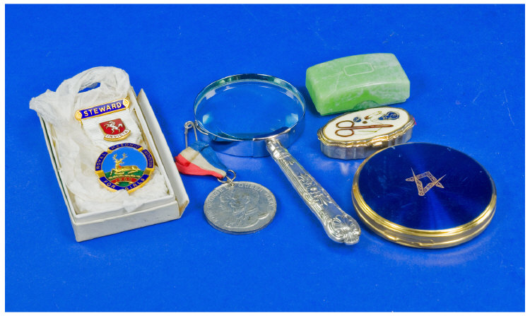 Appraisal: Small Collection Of Items Comprising Masonic Compact Masonic Steward Medal