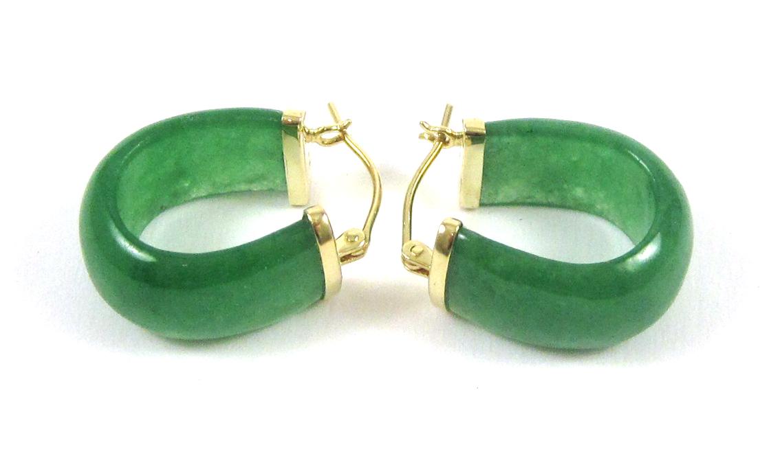 Appraisal: PAIR OF GREEN JADE HOOP EARRINGS each k yellow gold