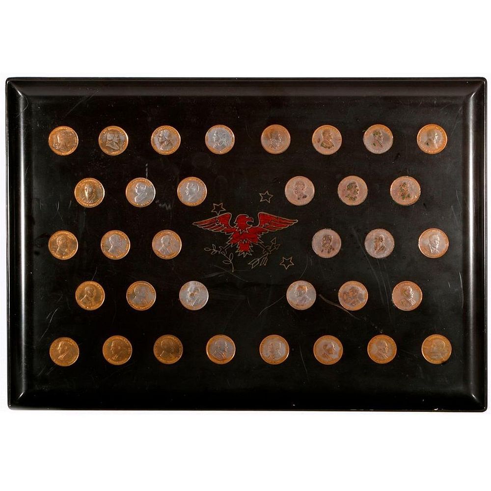 Appraisal: A lacquer tray with presidential coins A mid th century