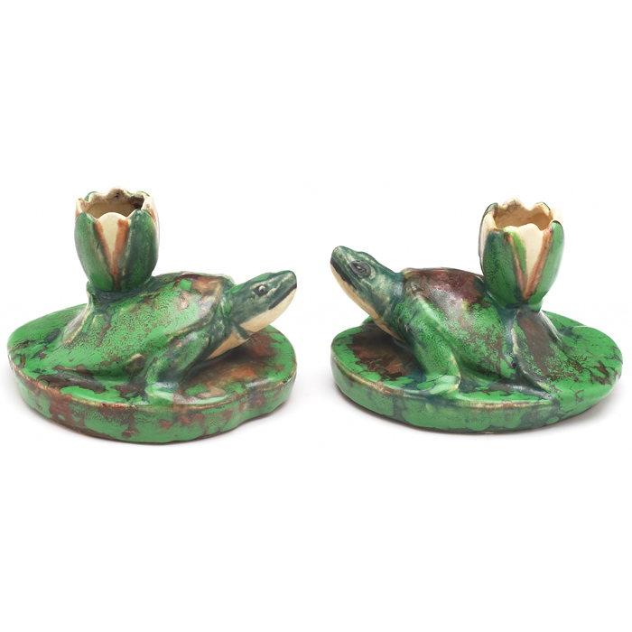 Appraisal: Weller Coppertone candlesticks pair turtles and water lilies marked w