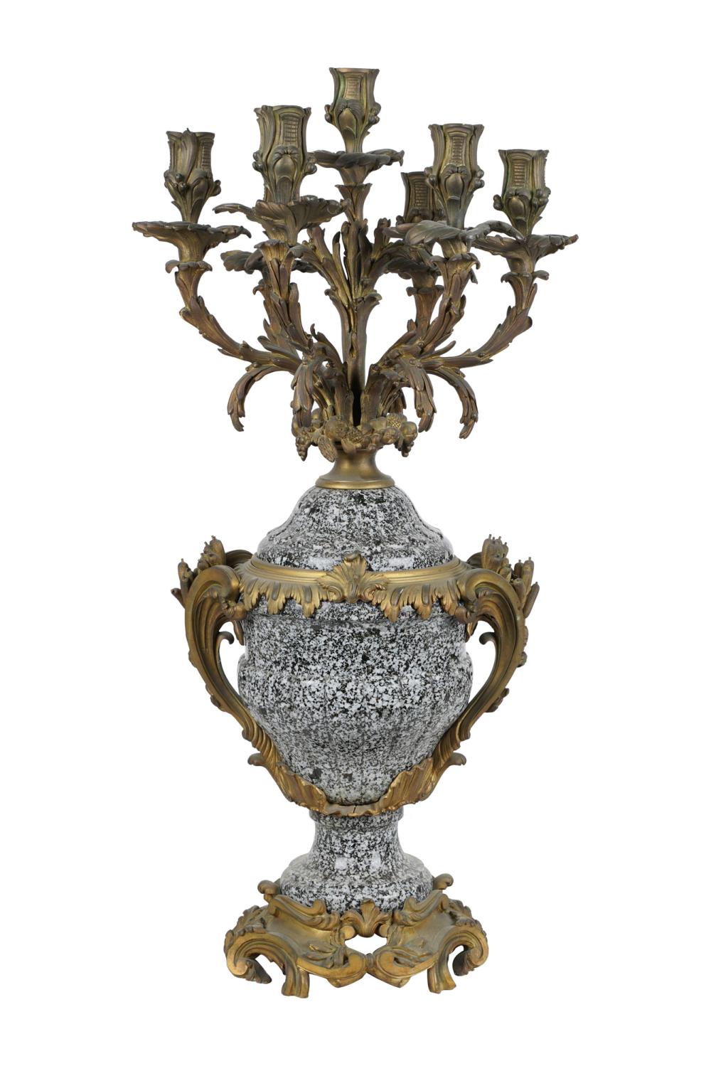 Appraisal: FRENCH GILT BRONZE-MOUNTED CARVED STONE CANDELABRUMwith seven lights inches high