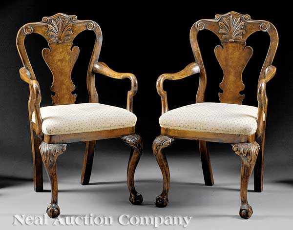 Appraisal: A Pair of Antique Georgian-Style Carved and Burl Walnut Armchairs