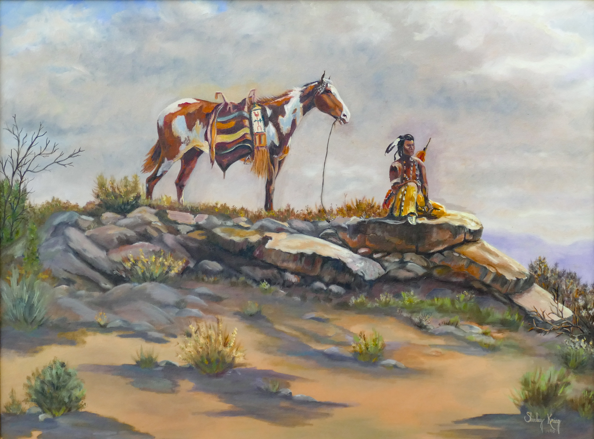 Appraisal: Shirley Krieg ''Indian Brave With Horse'' Oil on Canvas Framed