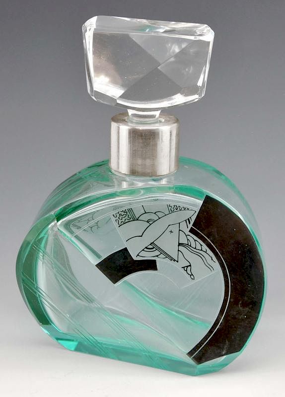 Appraisal: Art deco green and clear glass asymmetrical master perfume Art