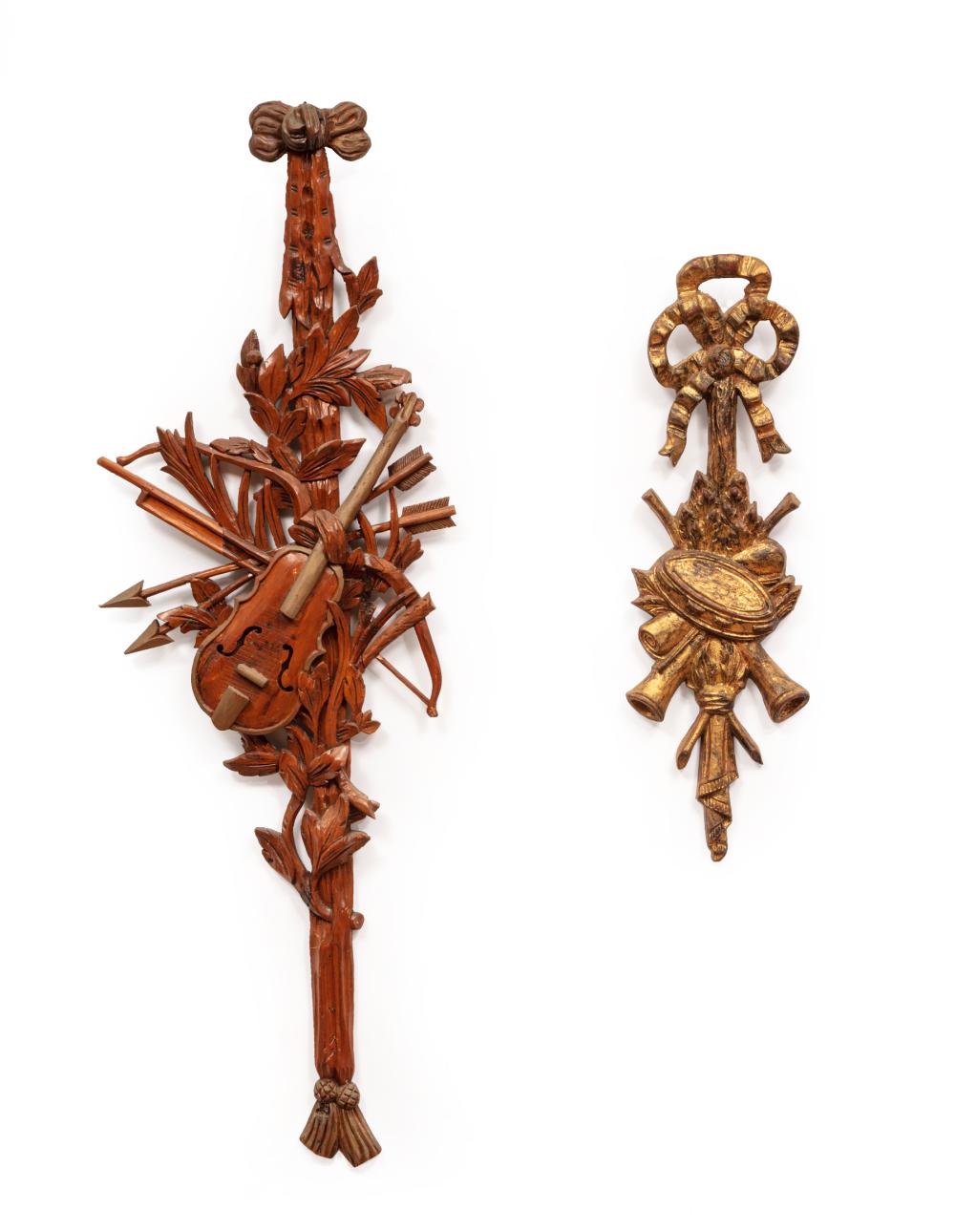 Appraisal: Two Decorative Carved Wood Musical Trophies taller h in Provenance