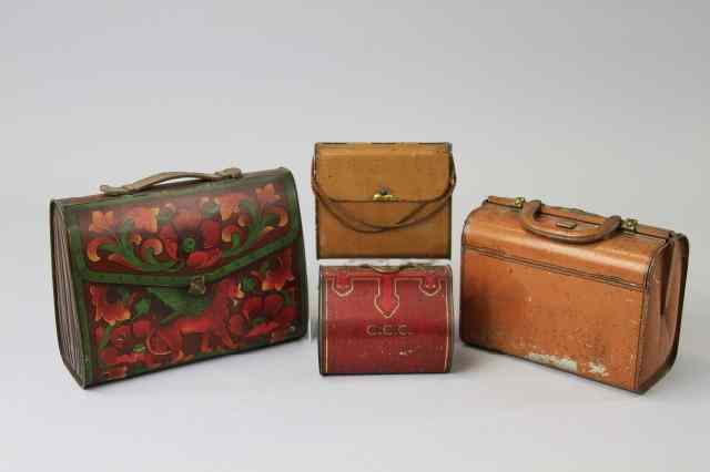 Appraisal: FOUR HANDBAG FORM TINS Lithographed Tinplate comprising Huntley Palmers Handbag