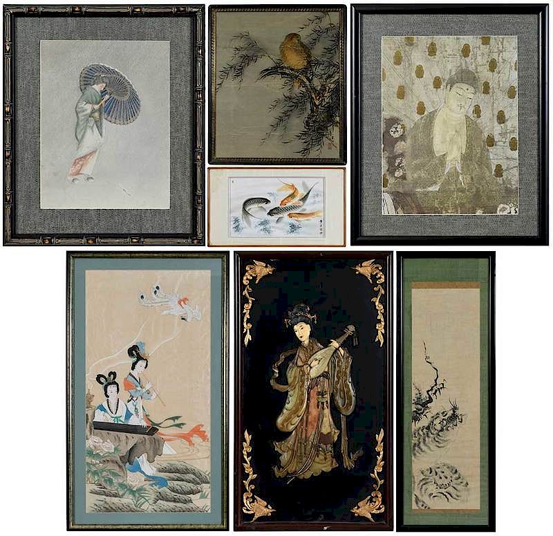 Appraisal: Seven Pieces Framed Asian Art th century woven panel of