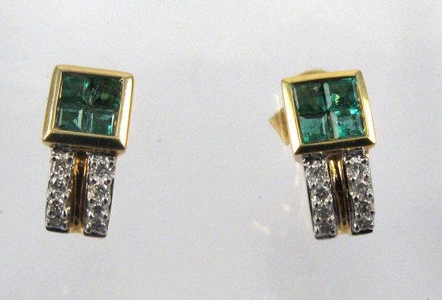 Appraisal: PAIR OF EMERALD AND DIAMOND EARRINGS each k yellow and