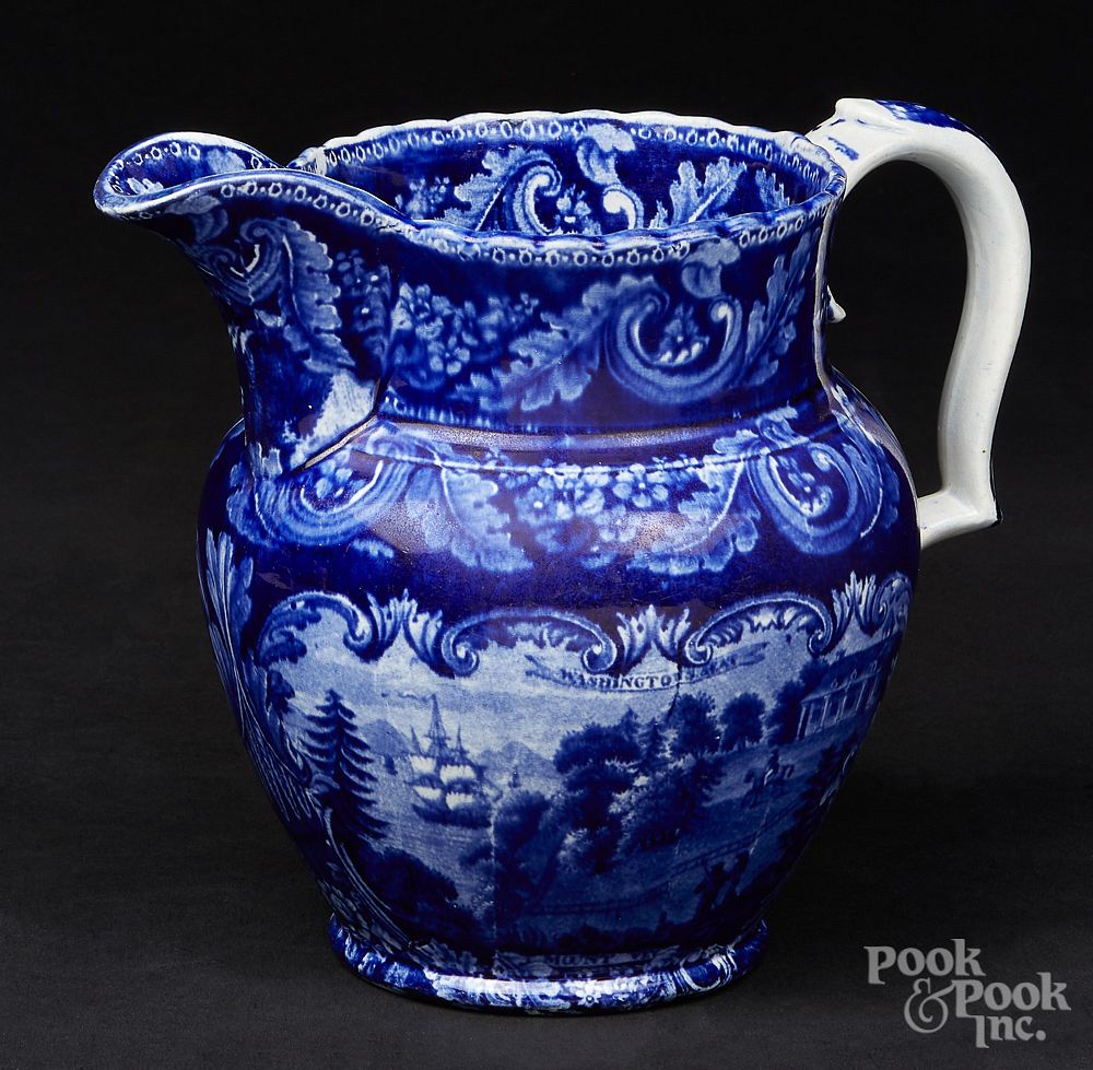 Appraisal: Historical blue Staffordshire pitcher Historical blue Staffordshire Washington's Seat Mount