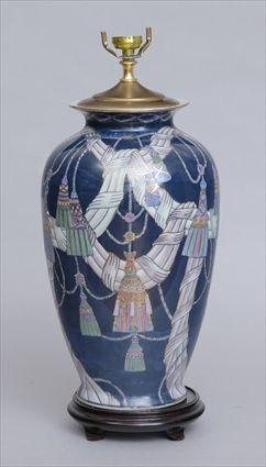 Appraisal: CHINESE BLUE-GROUND VASE MOUNTED AS A LAMP Painted with tassel-entwined