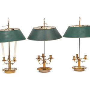 Appraisal: Three French Brass Bouillotte Lamps with T le Shades th