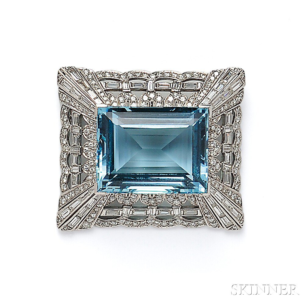 Appraisal: Platinum Aquamarine and Diamond Brooch the large step-cut aquamarine measuring