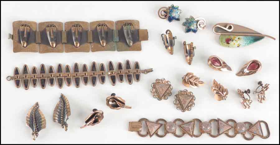 Appraisal: GROUP OF COPPER JEWELRY Comprising a Rebajes ''faces'' bracelet with