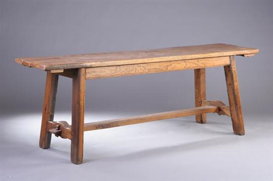 Appraisal: PROVINCIAL COUNTRY OAK TABLE th century Plank-board raised on trestle-form