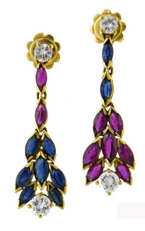 Appraisal: A PAIR OF RUBY SAPPHIRE AND DIAMOND EARRINGS of pendant