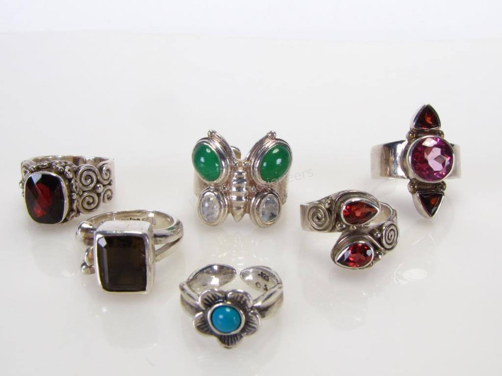 Appraisal: Six sterling silver Sajen rings with garnet pink tourmaline quartz