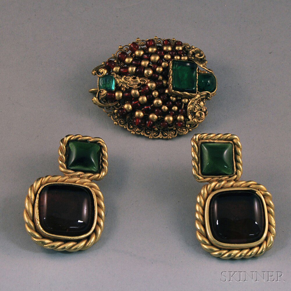 Appraisal: Chanel Green and Red Glass-beaded Jewelry Suite comprised beaded gold-tone