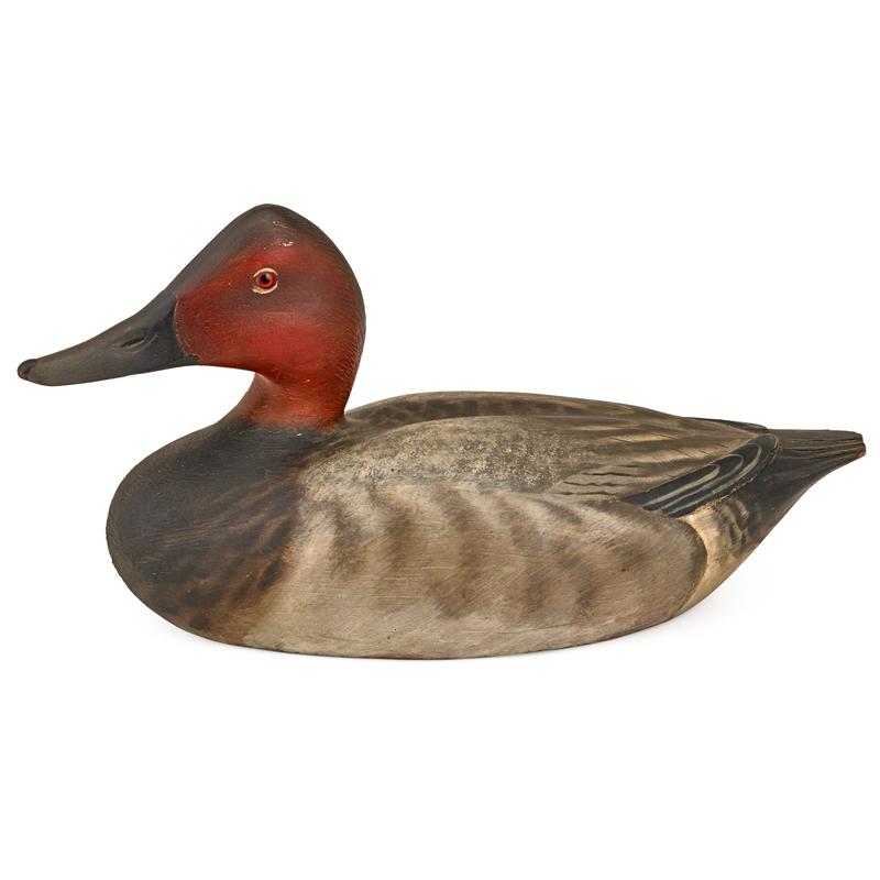 Appraisal: ELMER CROWELL CANVASBACK DRAKE DECOY Glass eyes and original paint