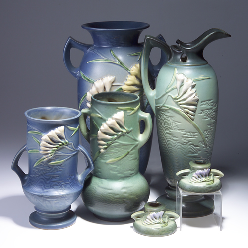 Appraisal: Six ROSEVILLE Freesia pieces to include a tall green ewer