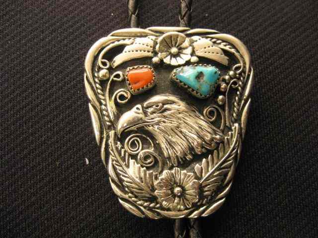 Appraisal: Indian Bolo Tie eagle decor coral turquoise trim '' shield