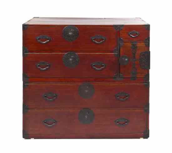 Appraisal: A Japanese Tansu Chest in two parts having iron mounts