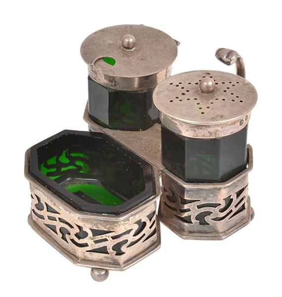 Appraisal: SMALL STERLING SILVER AND GREEN GLASS THREE PIECE CRUET SET