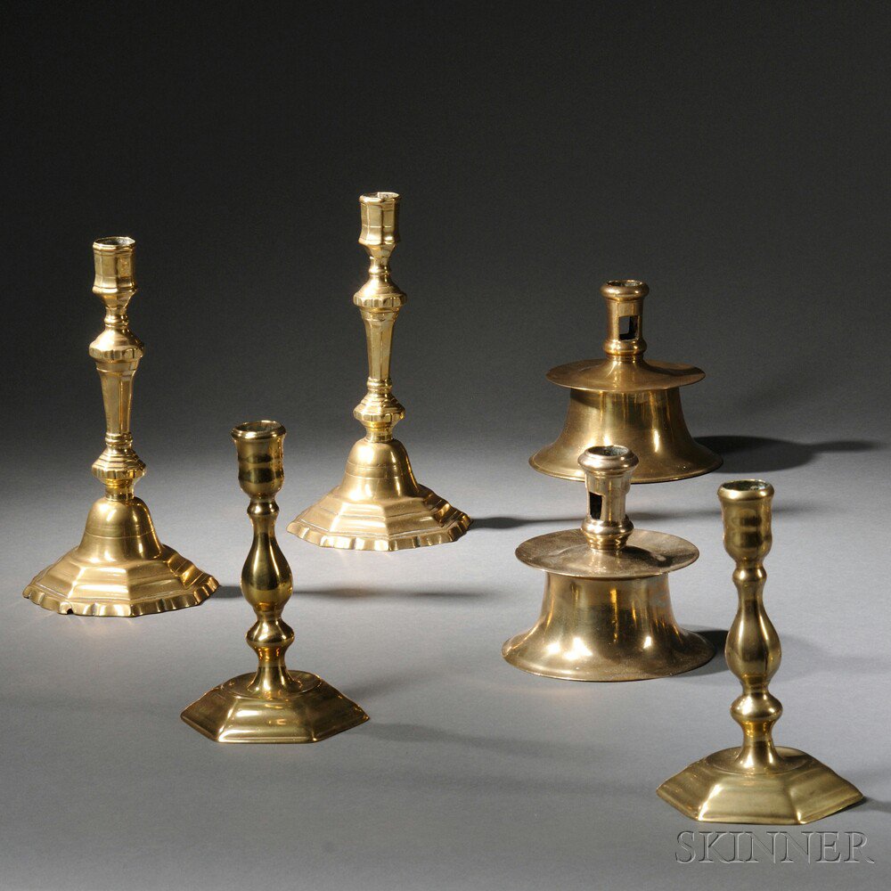 Appraisal: Three Pairs of Early Brass Candlesticks a near pair of