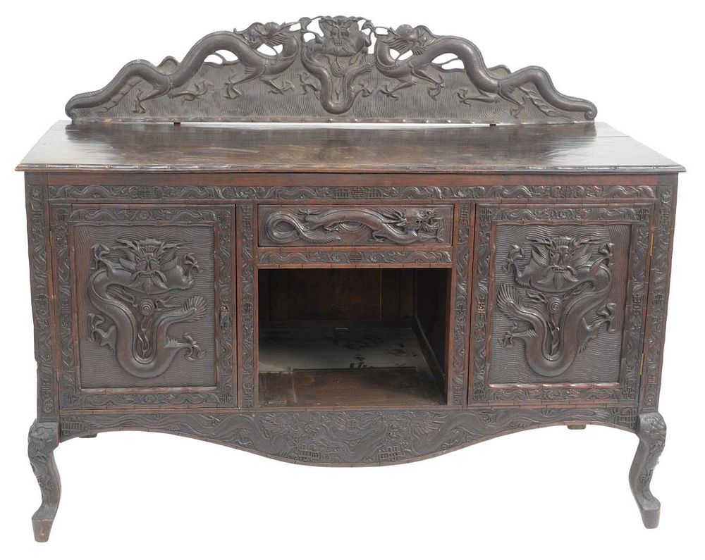 Appraisal: Chinese Hardwood Sideboard with carved dragons probably th century cabinet