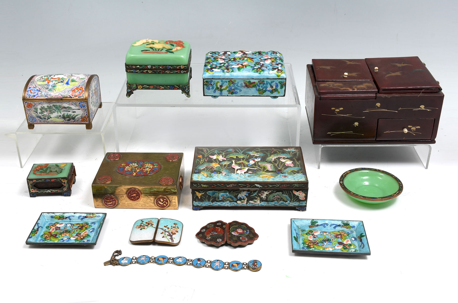 Appraisal: JAPANESE SMOKERS BOX CLOISONNE COLLECTION Some enameled lacquered natural stone