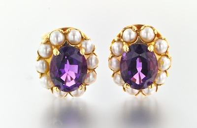 Appraisal: A Pair of Amethyst and Pearl Earrings k yellow gold