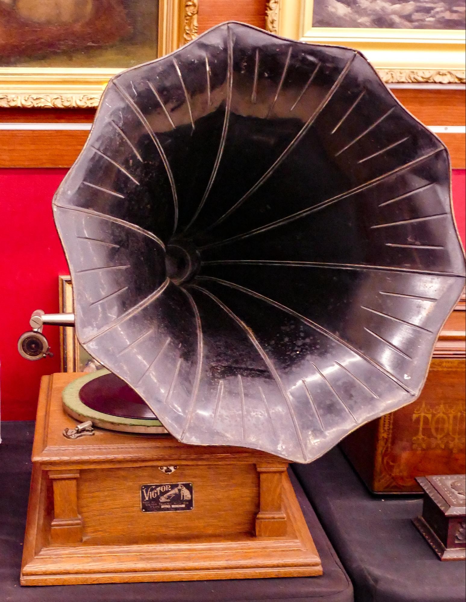 Appraisal: Antique Victor Oak Phonograph with Metal Horn- x ''