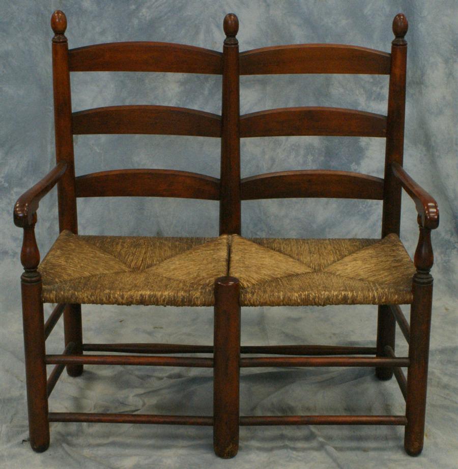 Appraisal: Double back three-slat ladderback rush seat settee w x h