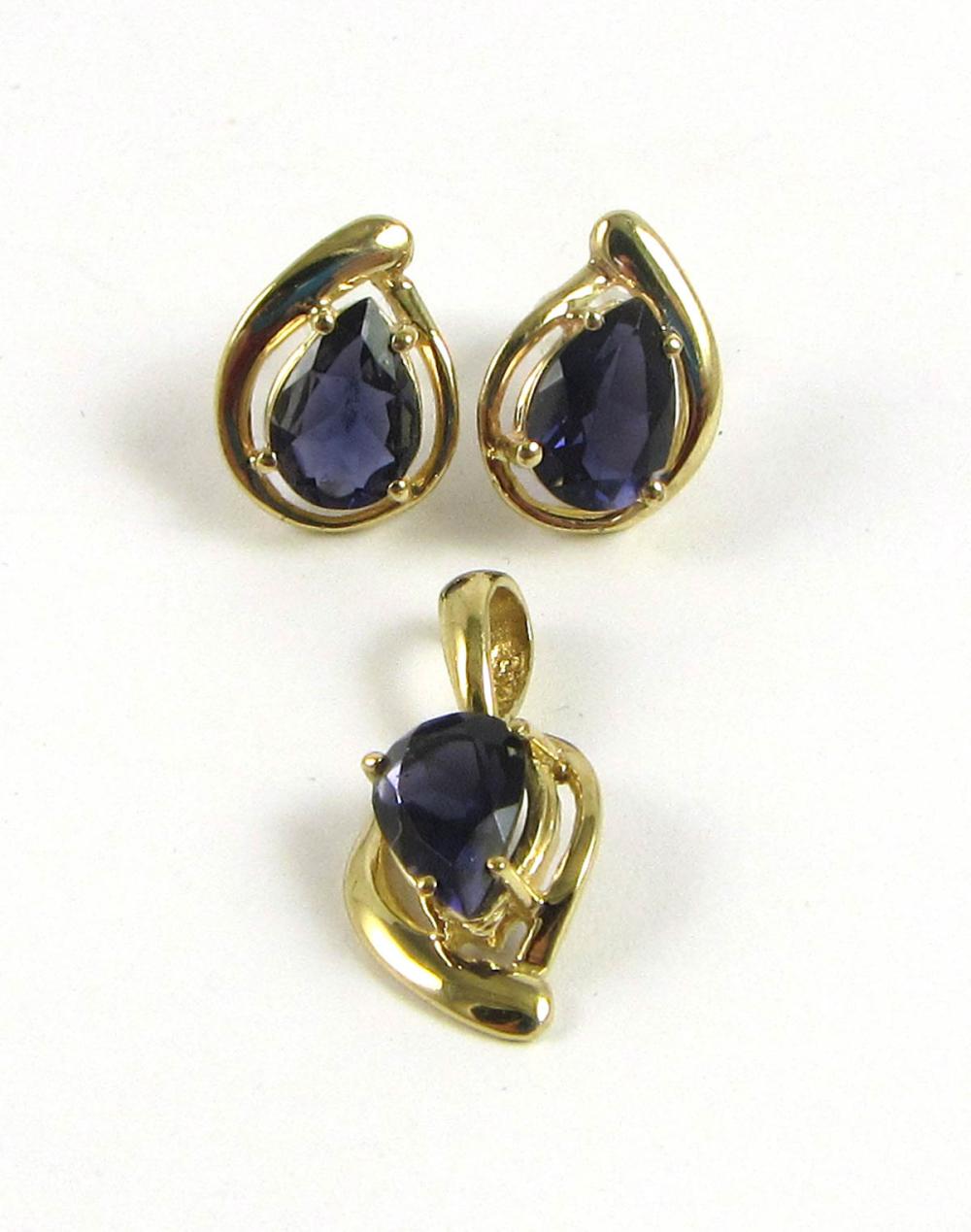 Appraisal: IOLITE AND FOURTEEN KARAT GOLD PENDANT AND EARRINGS including a