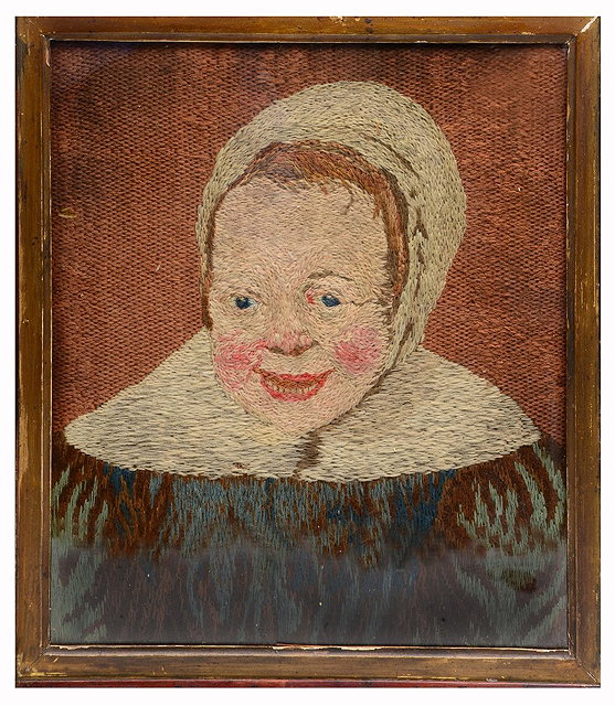 Appraisal: A TH CENTURY NAIVE NEEDLEWORK PORTRAIT of a puritan girl