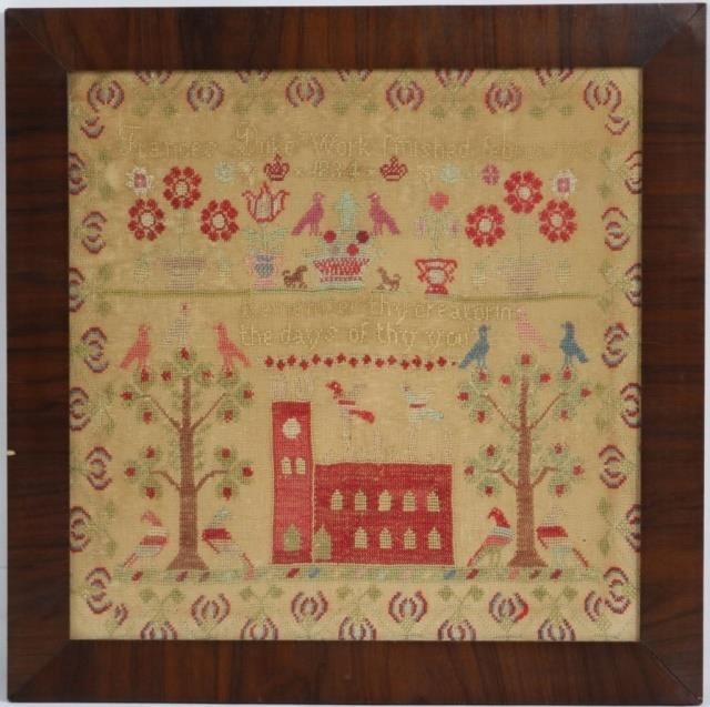 Appraisal: EARLY TH CENTURY SCHOOLGIRL SAMPLER SIGNEDFRANCES DUKE DEPICTS A CHURCH