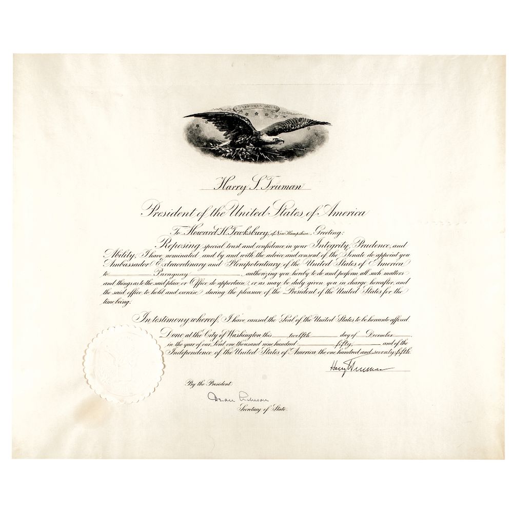 Appraisal: President HARRY S TRUMAN Autograph Document Signed Autographs President HARRY