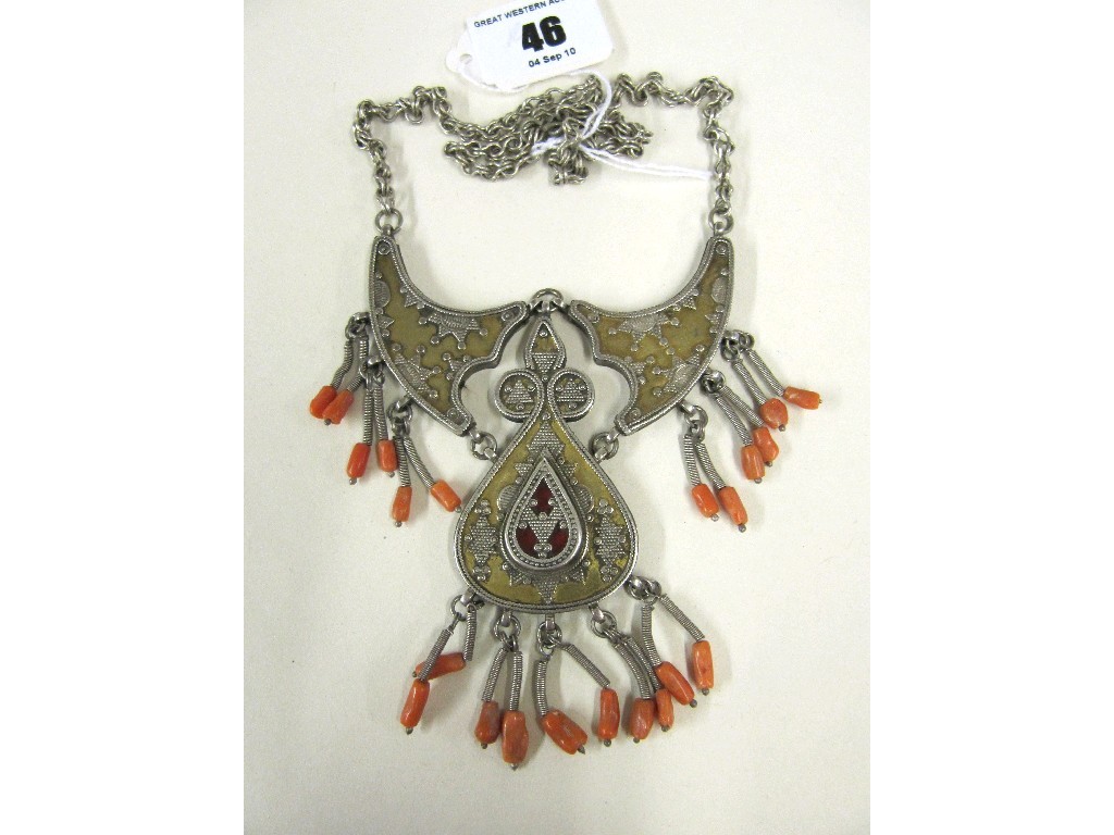 Appraisal: Eastern silver necklace with spring mounted silver tassels