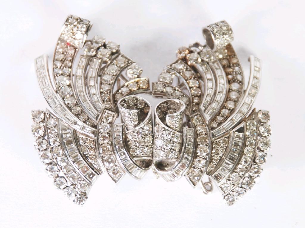 Appraisal: IMPORTANT PRE-WAR LARGE DIAMOND SET DOUBLE CLIP BROOCH butterfly shaped