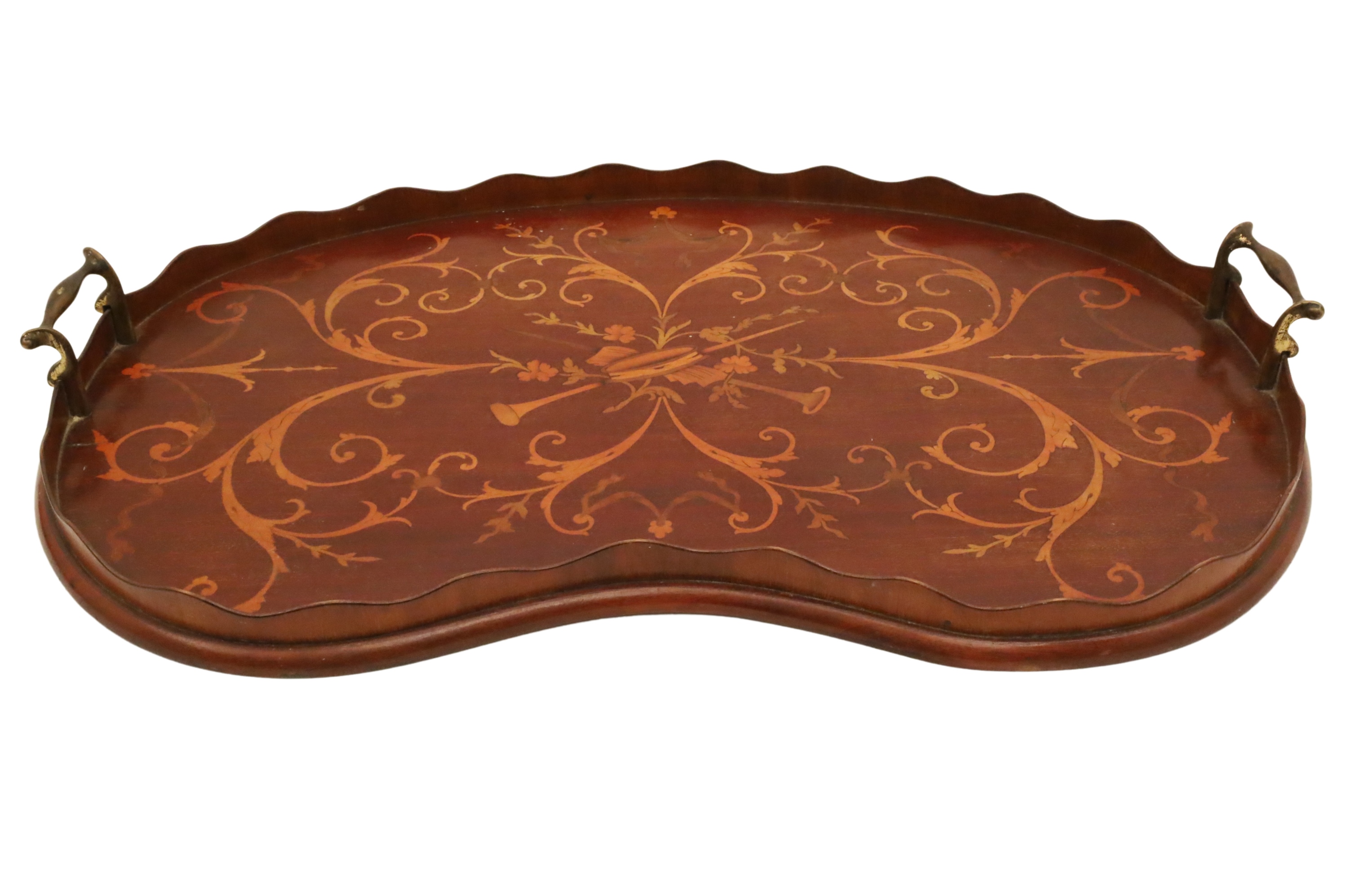 Appraisal: English marquetry inlaid kidney shaped double handled tray W D