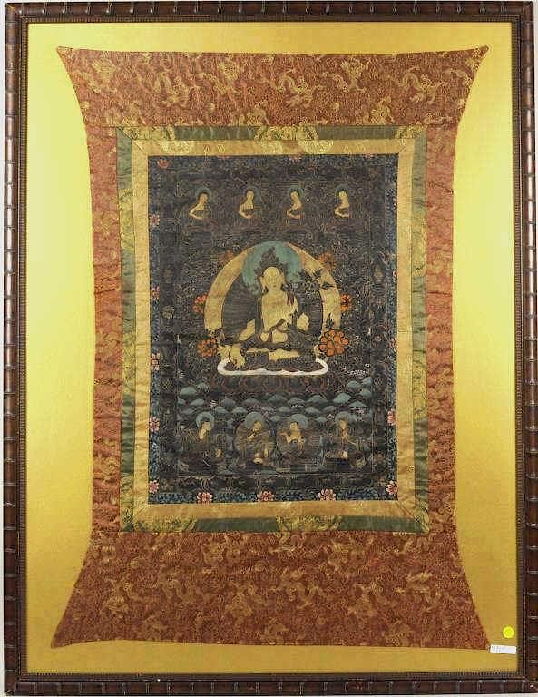 Appraisal: Large Framed Tibetan Thangka Large framed Tibetan thangka pigments on