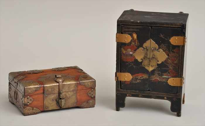 Appraisal: KOREAN BRASS-BOUND HARDWOOD BOX AND A CHINESE LACQUER MINIATURE TWO-DOOR