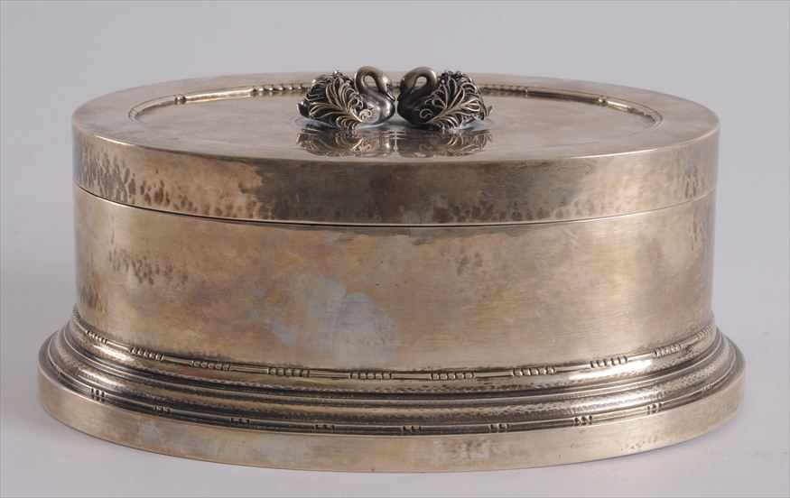 Appraisal: GEORG JENSEN PRESENTATION HAMMERED SILVER OVAL BOX The hinged lid