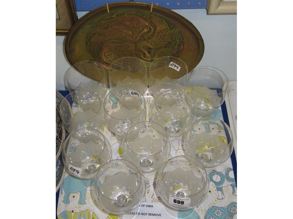 Appraisal: Lot comprising twelve Rosenthal etched glass goblets and a brass