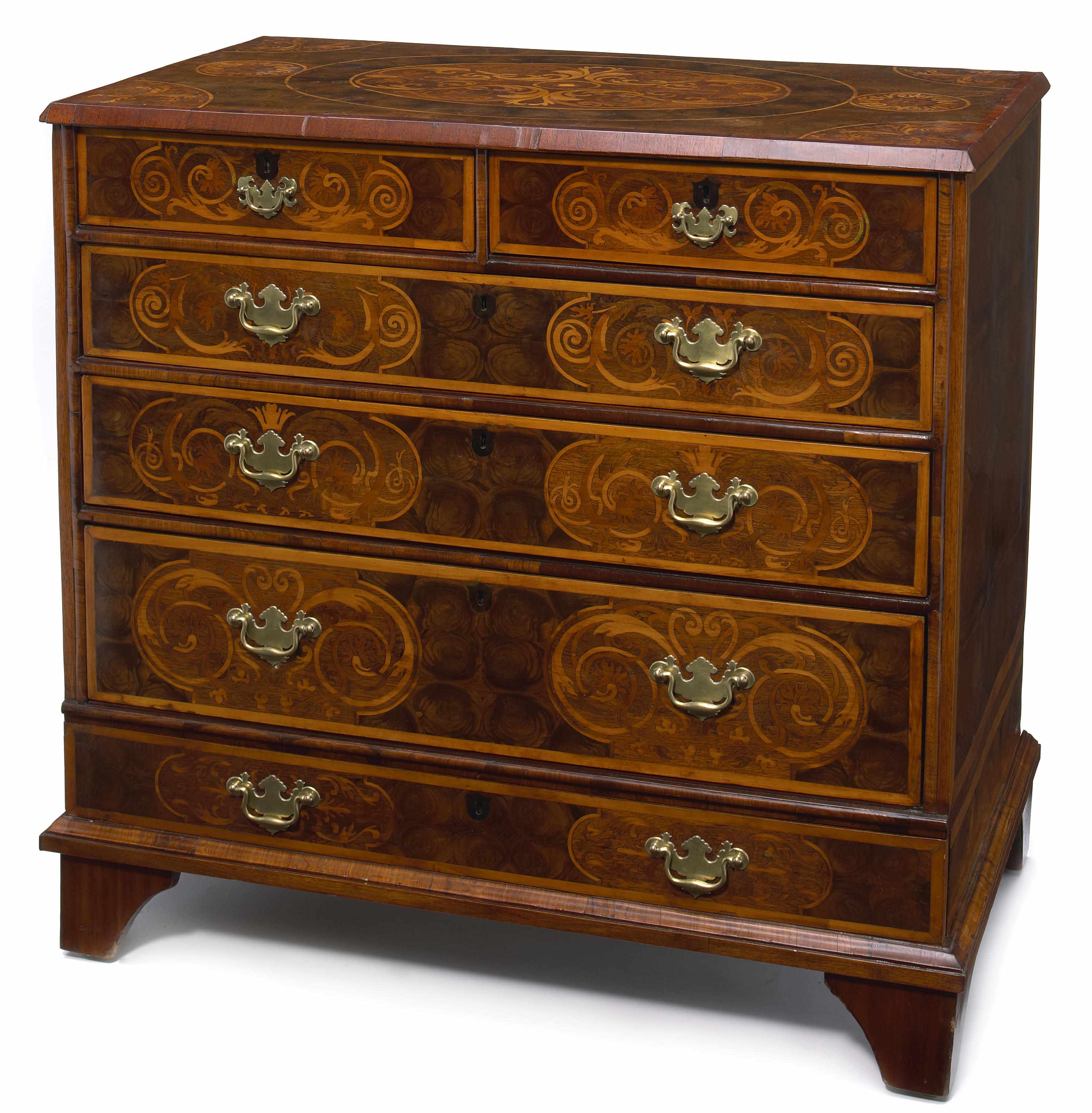 Appraisal: A William and Mary marquetry inlaid walnut oyster veneered chest